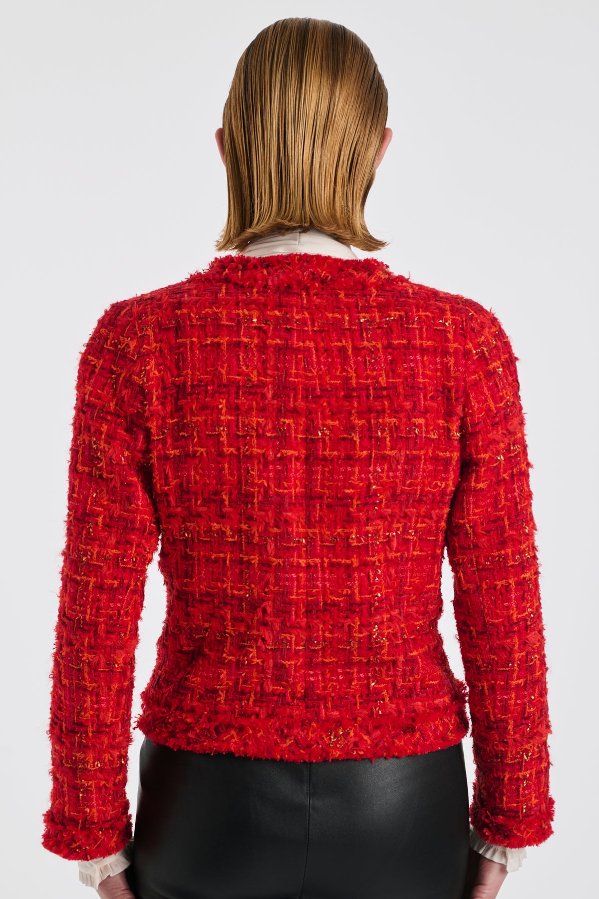 V-neck fringed tweed jacket