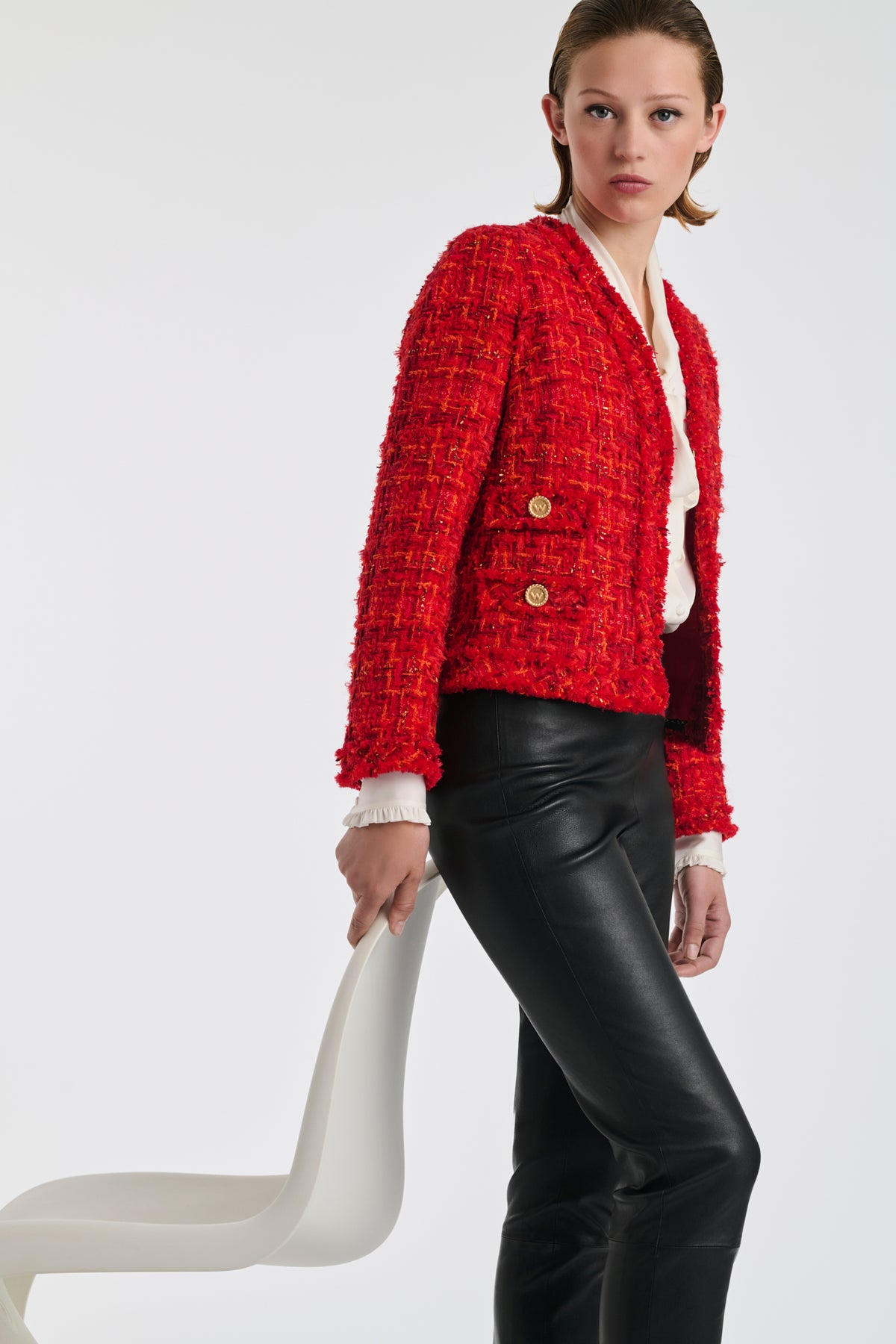 V-neck fringed tweed jacket