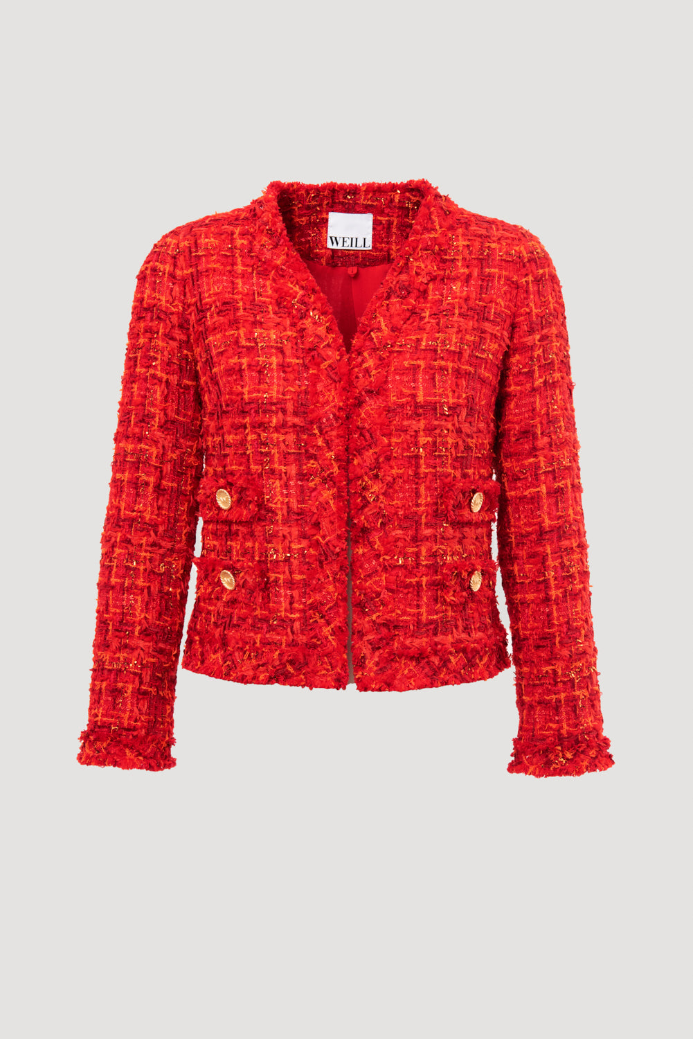 V-neck fringed tweed jacket