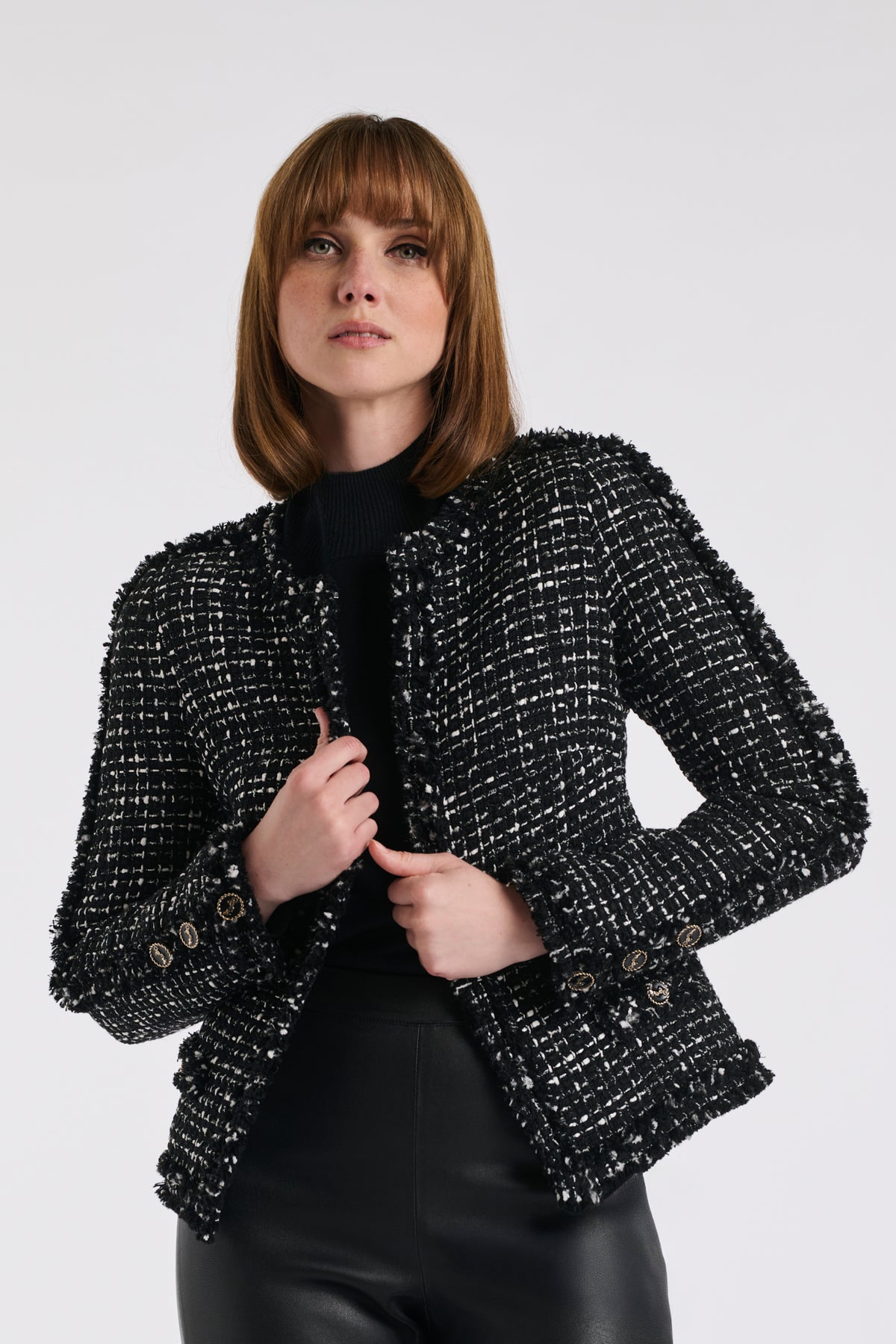 Two-tone fringed tweed jacket