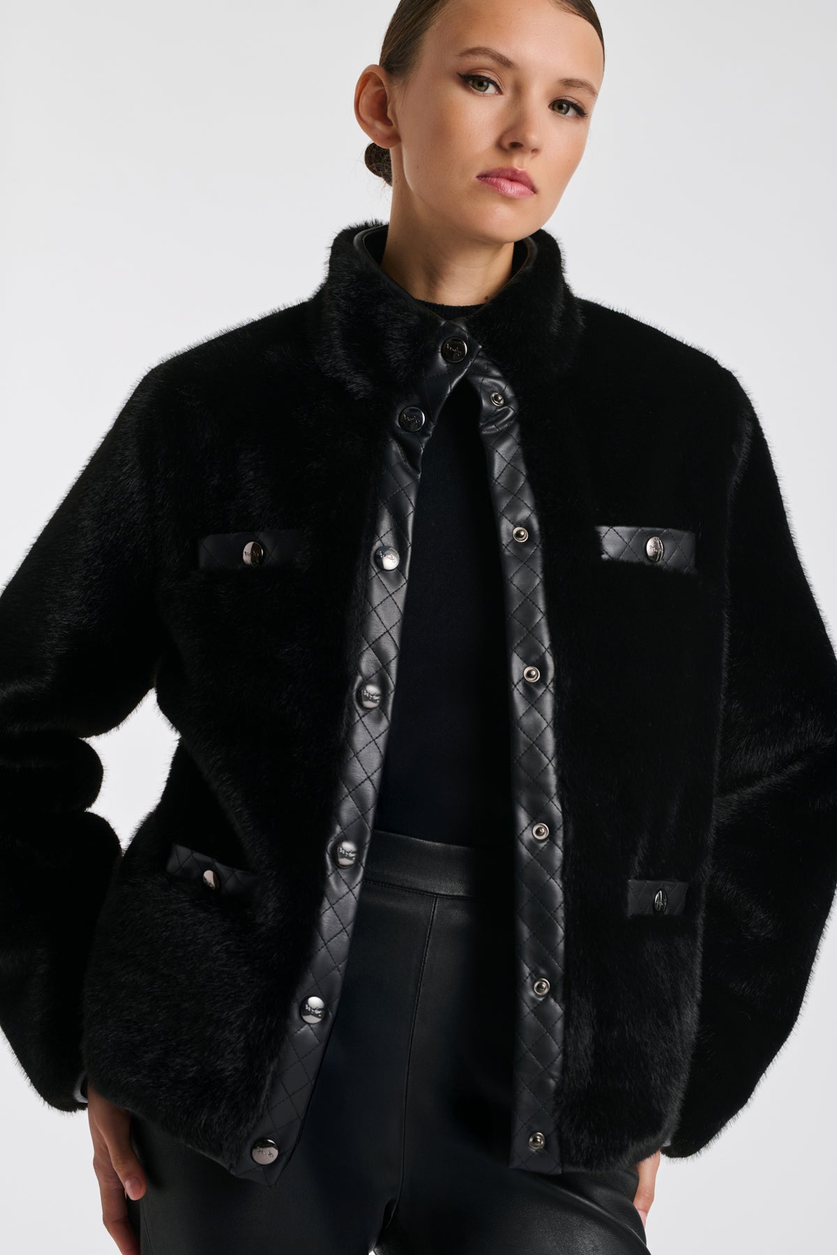 Bi-material eco-fur jacket