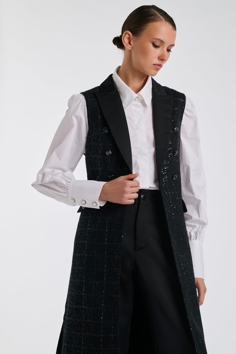 Longue veste de smocking en tweed