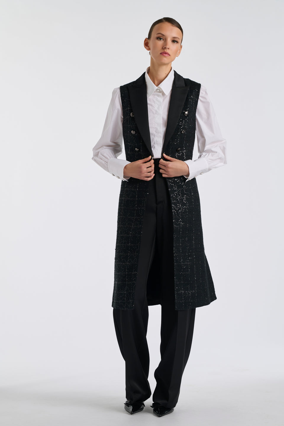 Longue veste de smocking en tweed