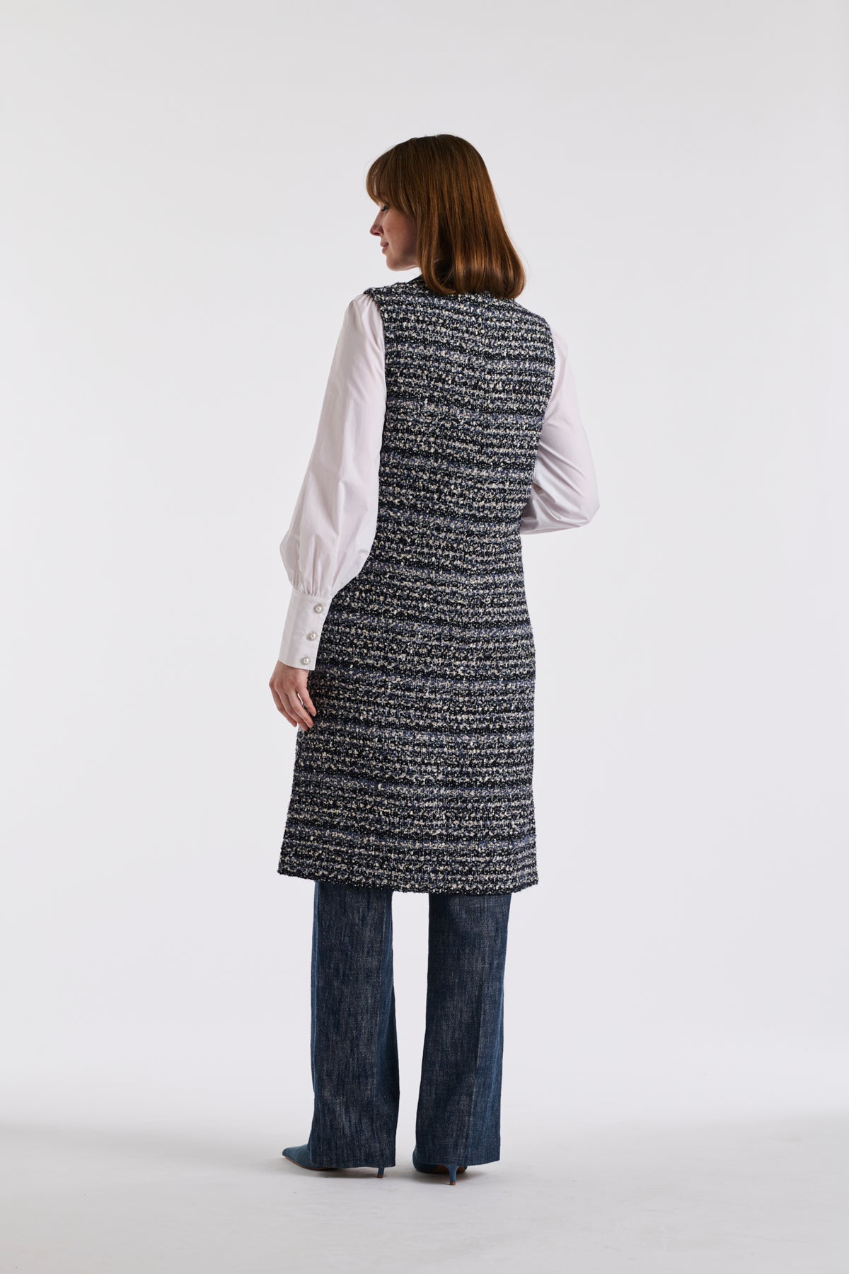 Long sleeveless jacket in tweed and denim