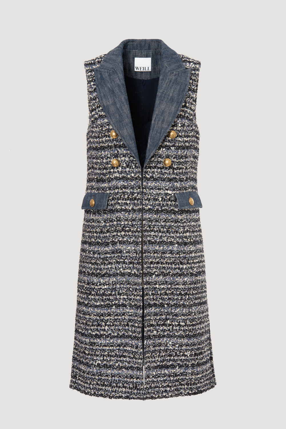 Long sleeveless jacket in tweed and denim