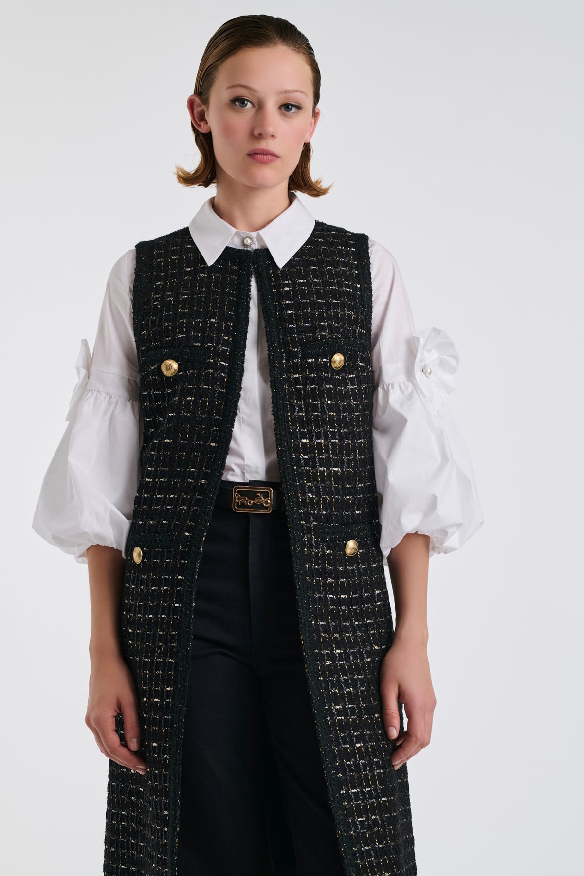 Black and gold long tweed jacket