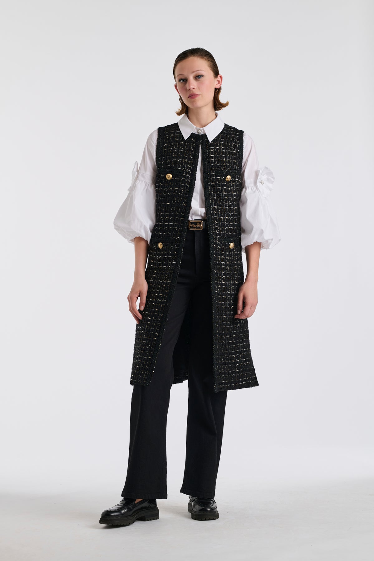 Black and gold long tweed jacket