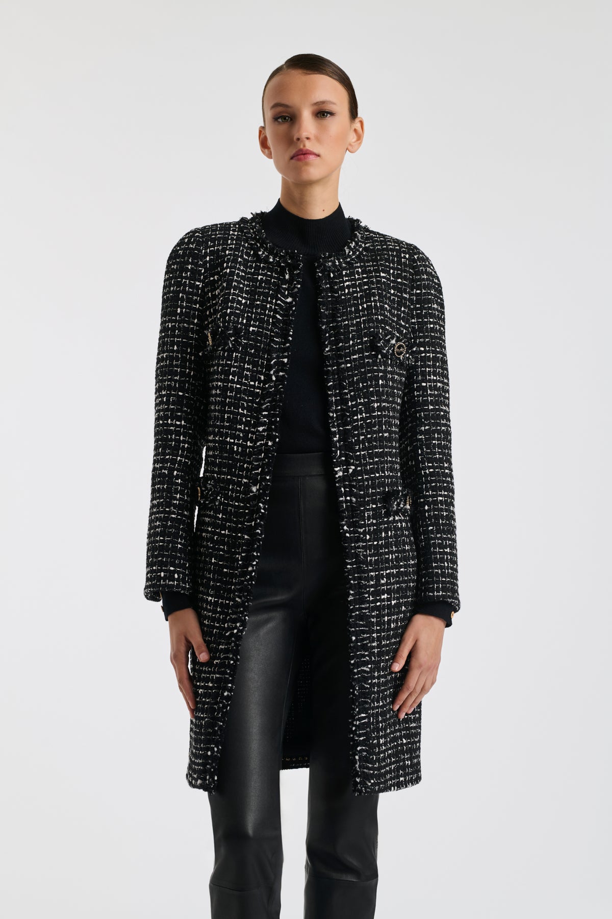 Fringed tweed coat