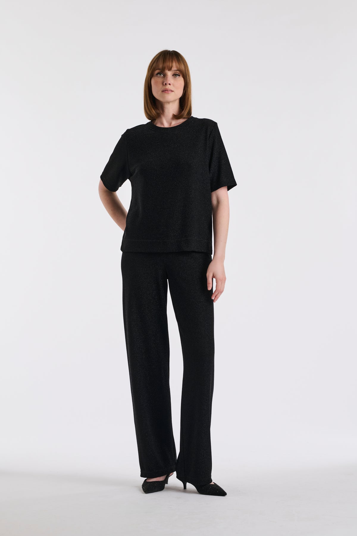 Wide-leg stretch trousers in lurex jersey