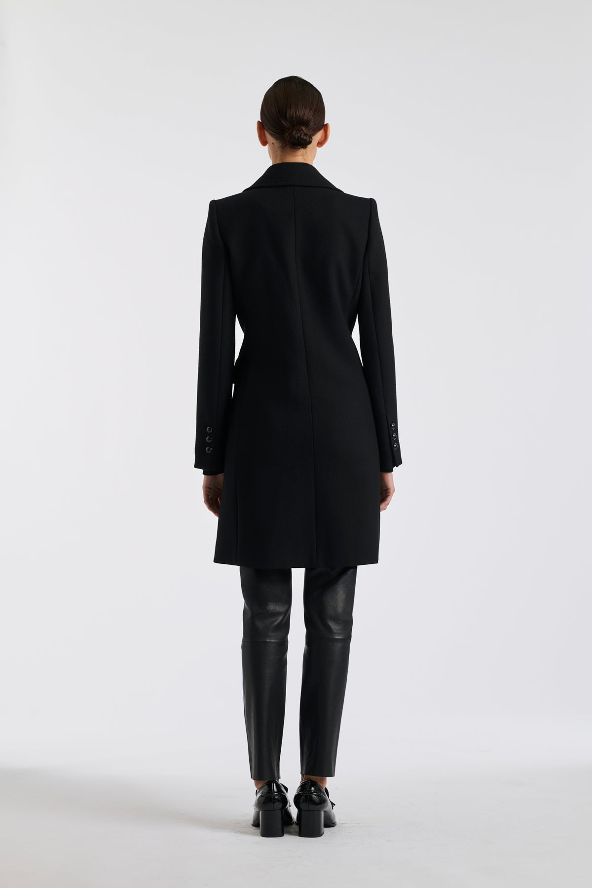 Black top-stitched wool overcoat