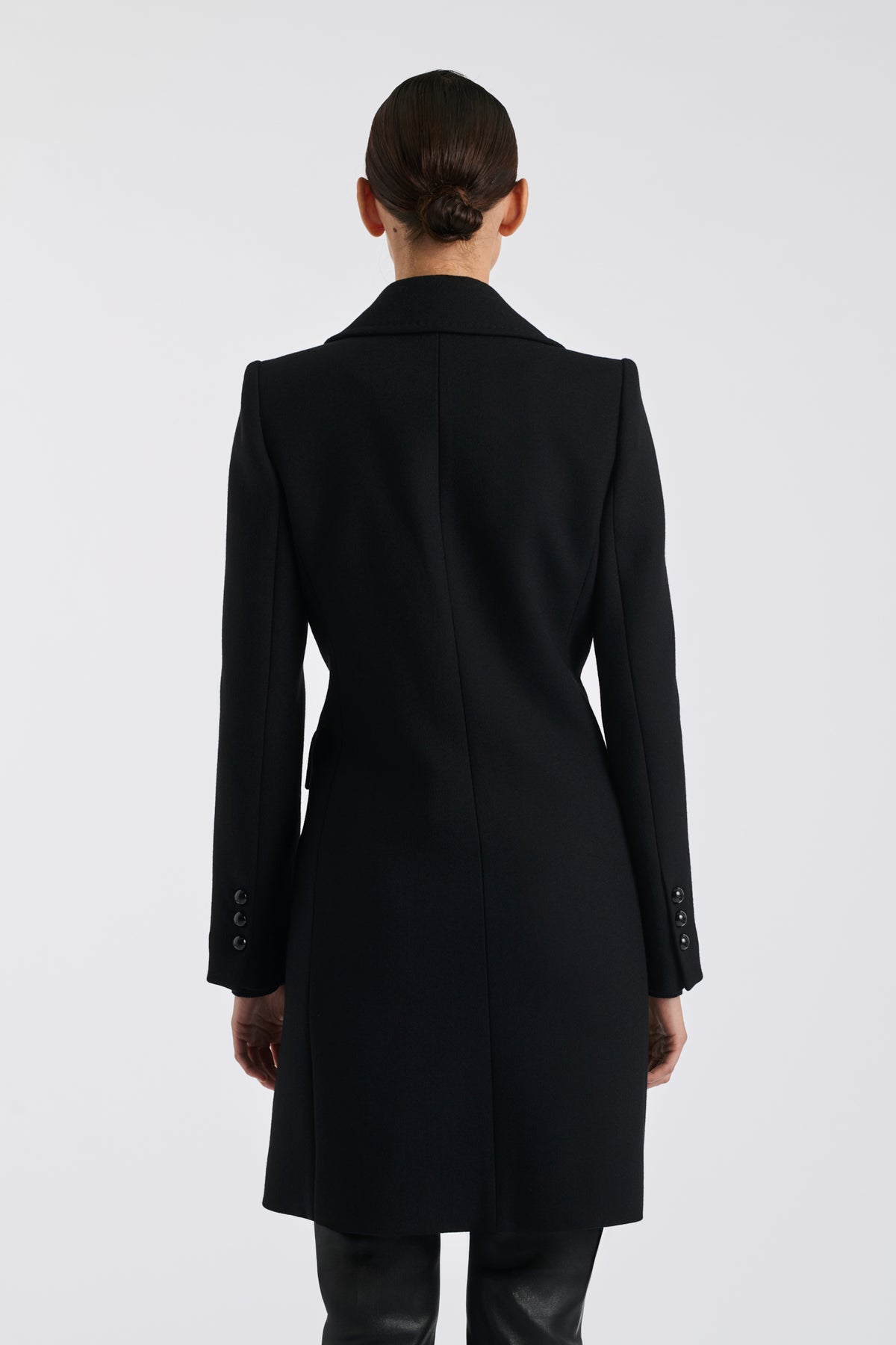Black top-stitched wool overcoat