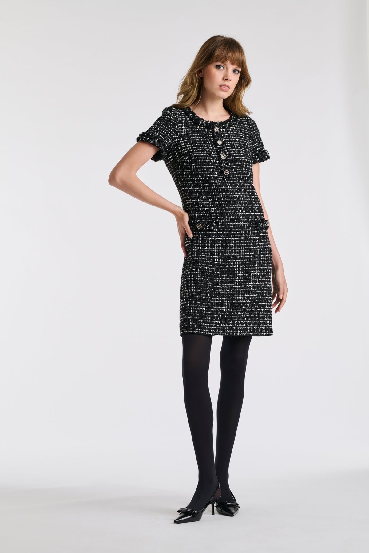 Two-tone fringed tweed dress