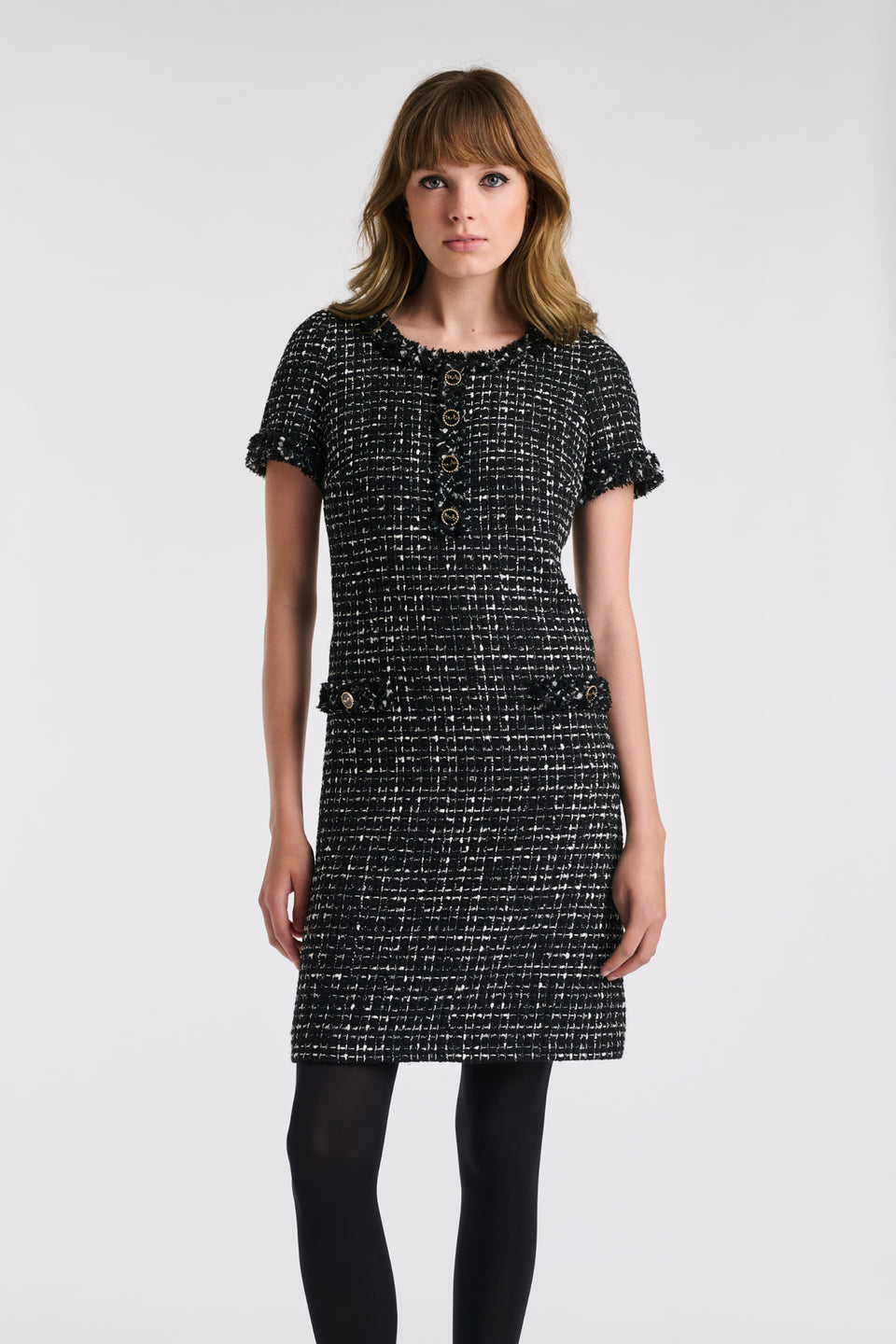 Robe en tweed bicolore frangée