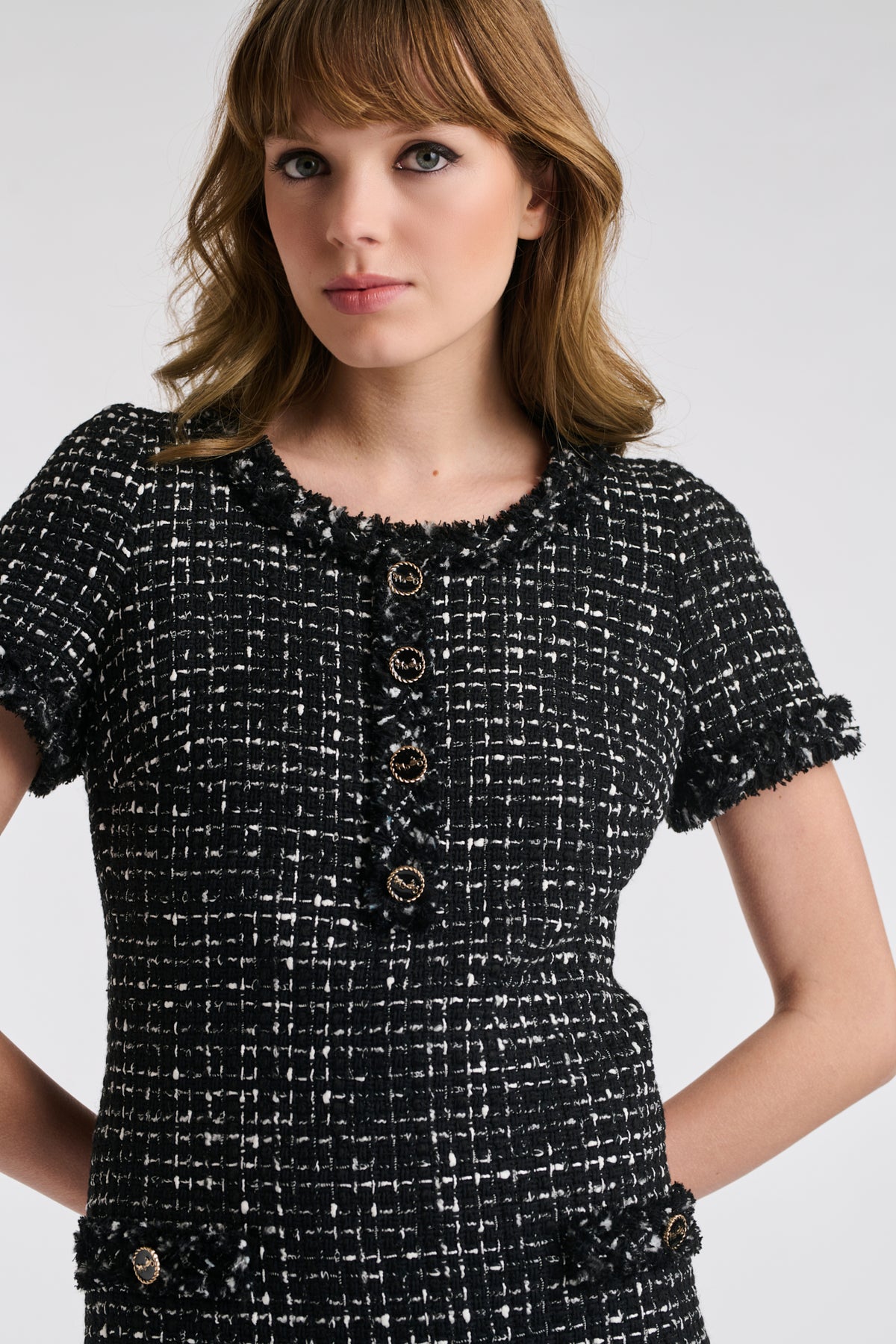 Two-tone fringed tweed dress