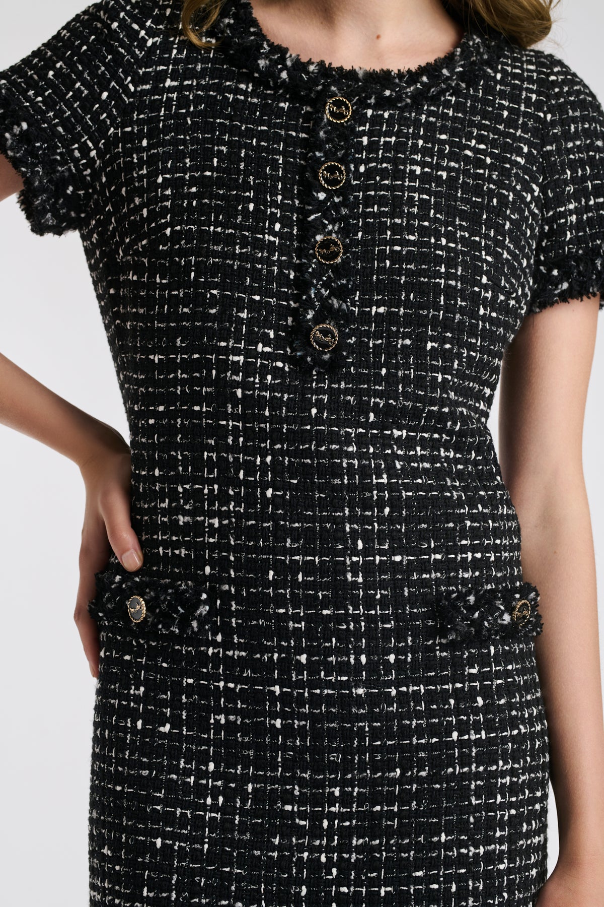 Two-tone fringed tweed dress