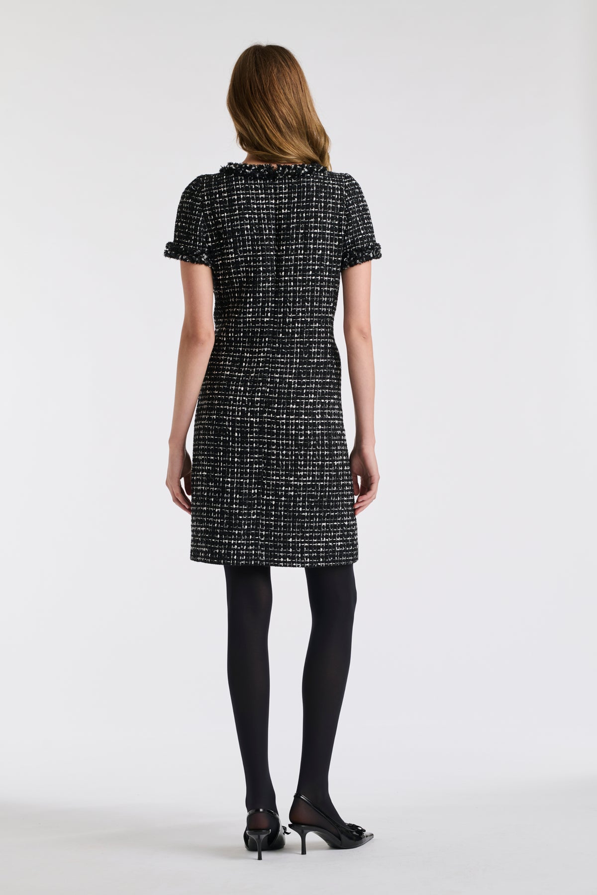 Two-tone fringed tweed dress