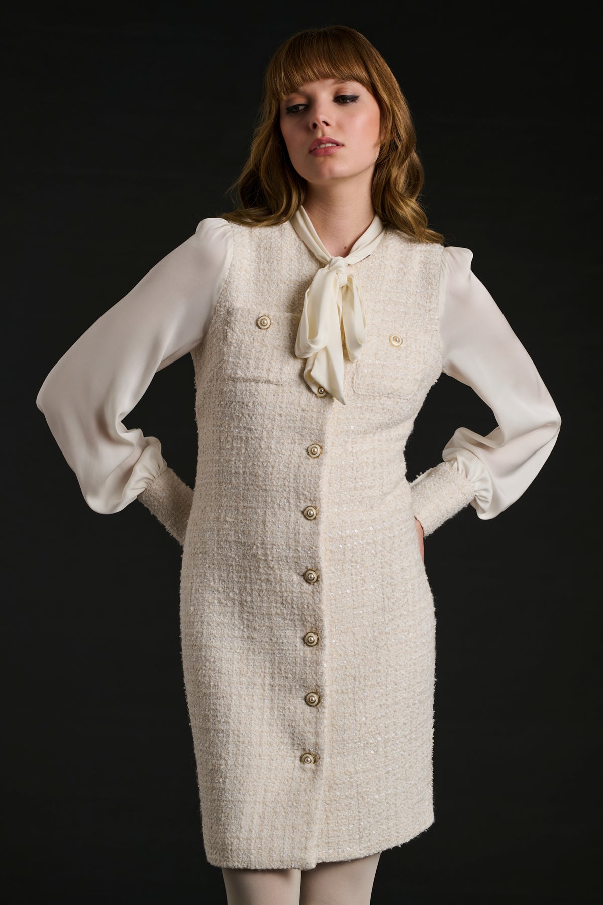 Tweed and silk pussy bow dress