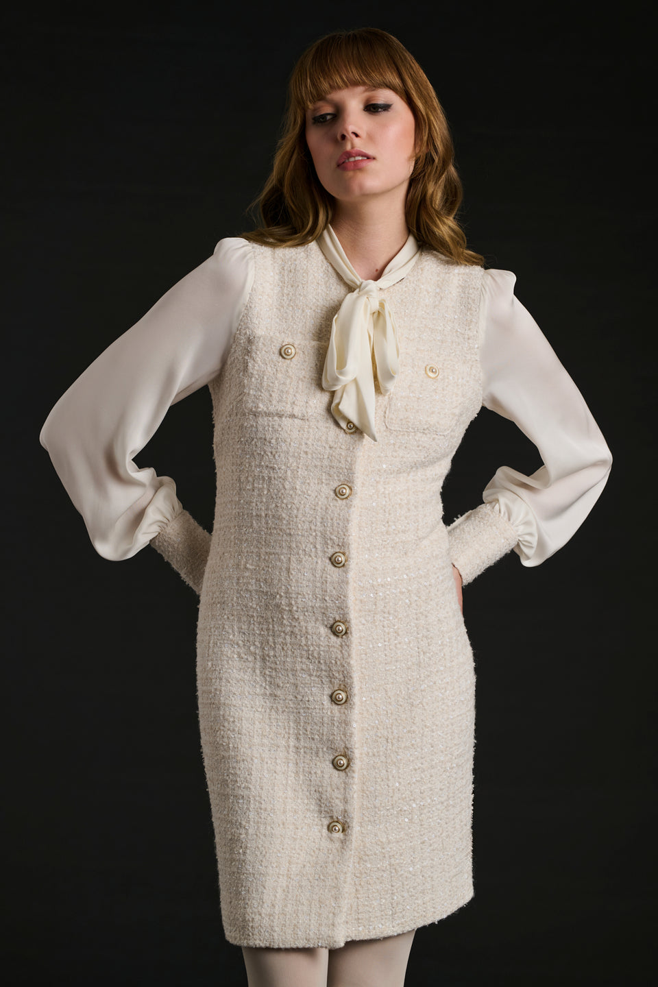 Robe lavallière en tweed et soie