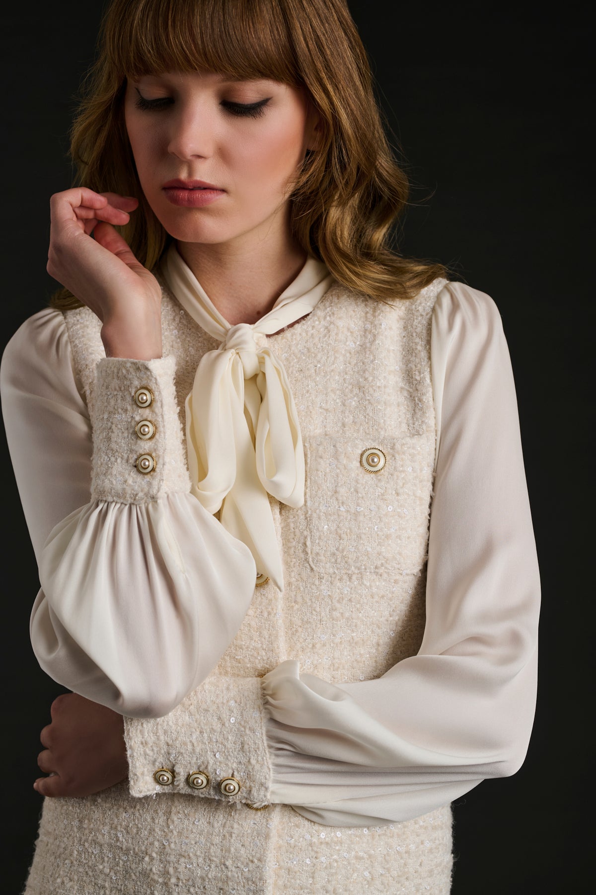 Tweed and silk pussy bow dress