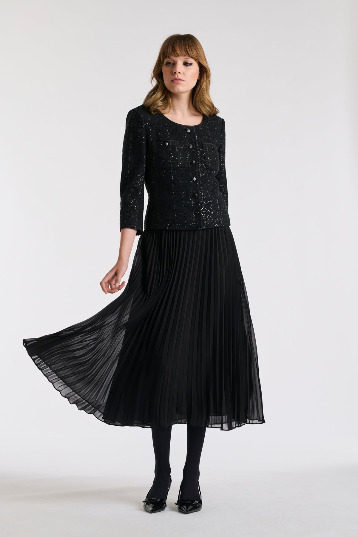 Long pleated bi-material dress