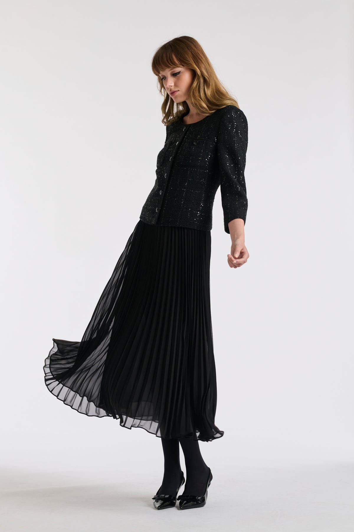 Long pleated bi-material dress