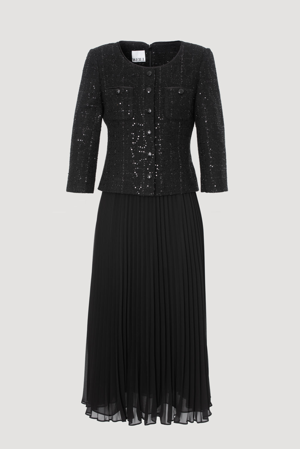 Long pleated bi-material dress