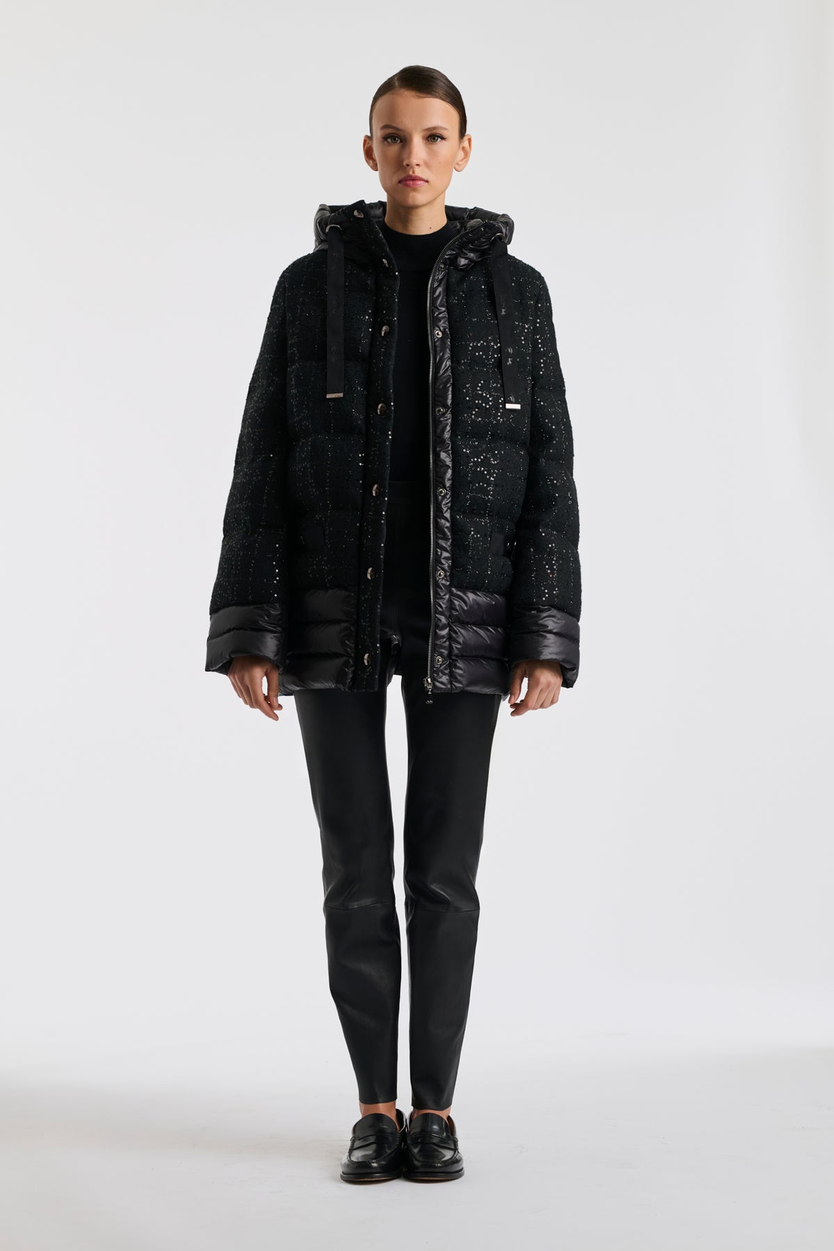 Tweed and nylon down jacket