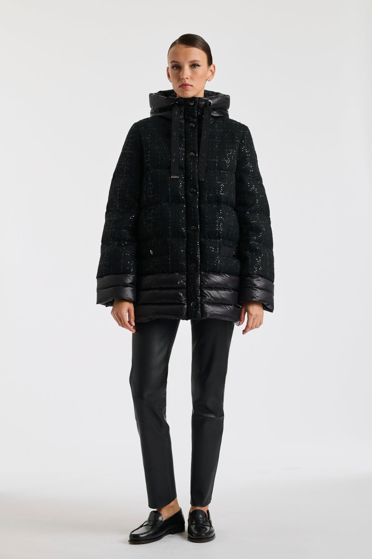 Tweed and nylon down jacket