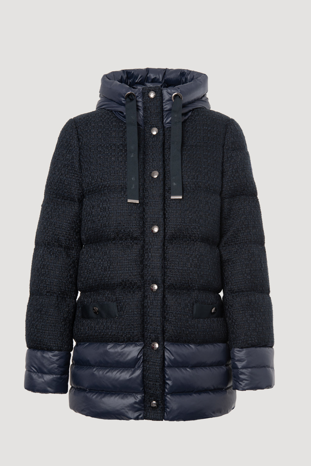 Navy tweed and nylon down jacket