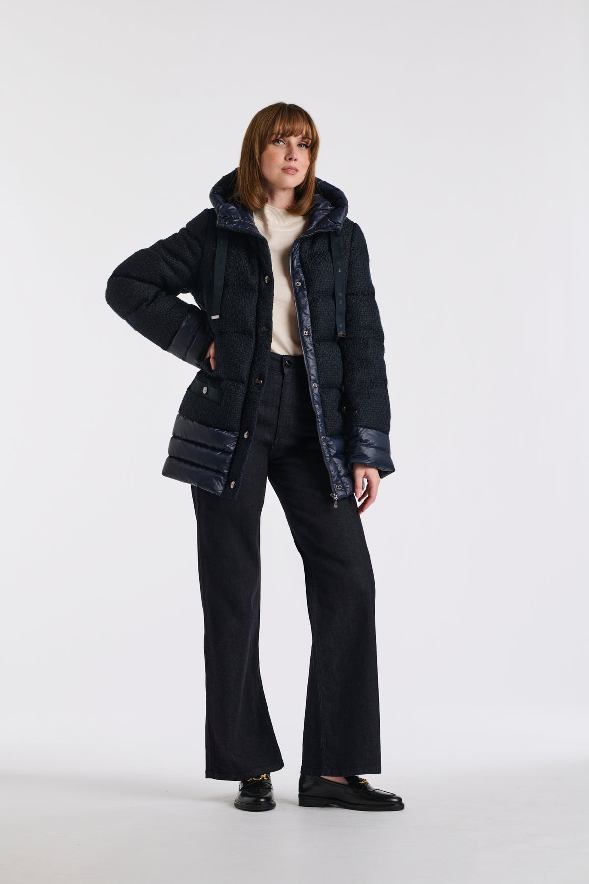 Navy tweed and nylon down jacket