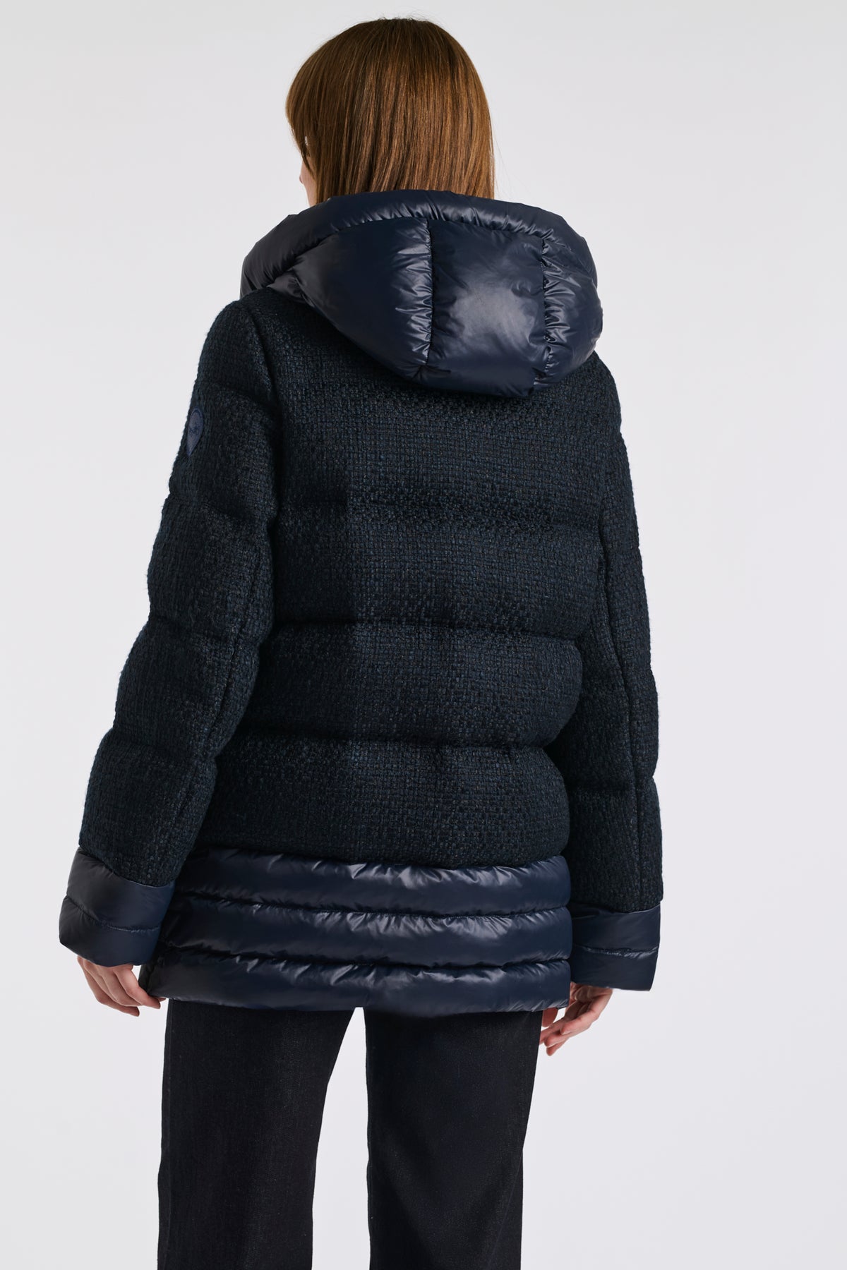 Navy tweed and nylon down jacket