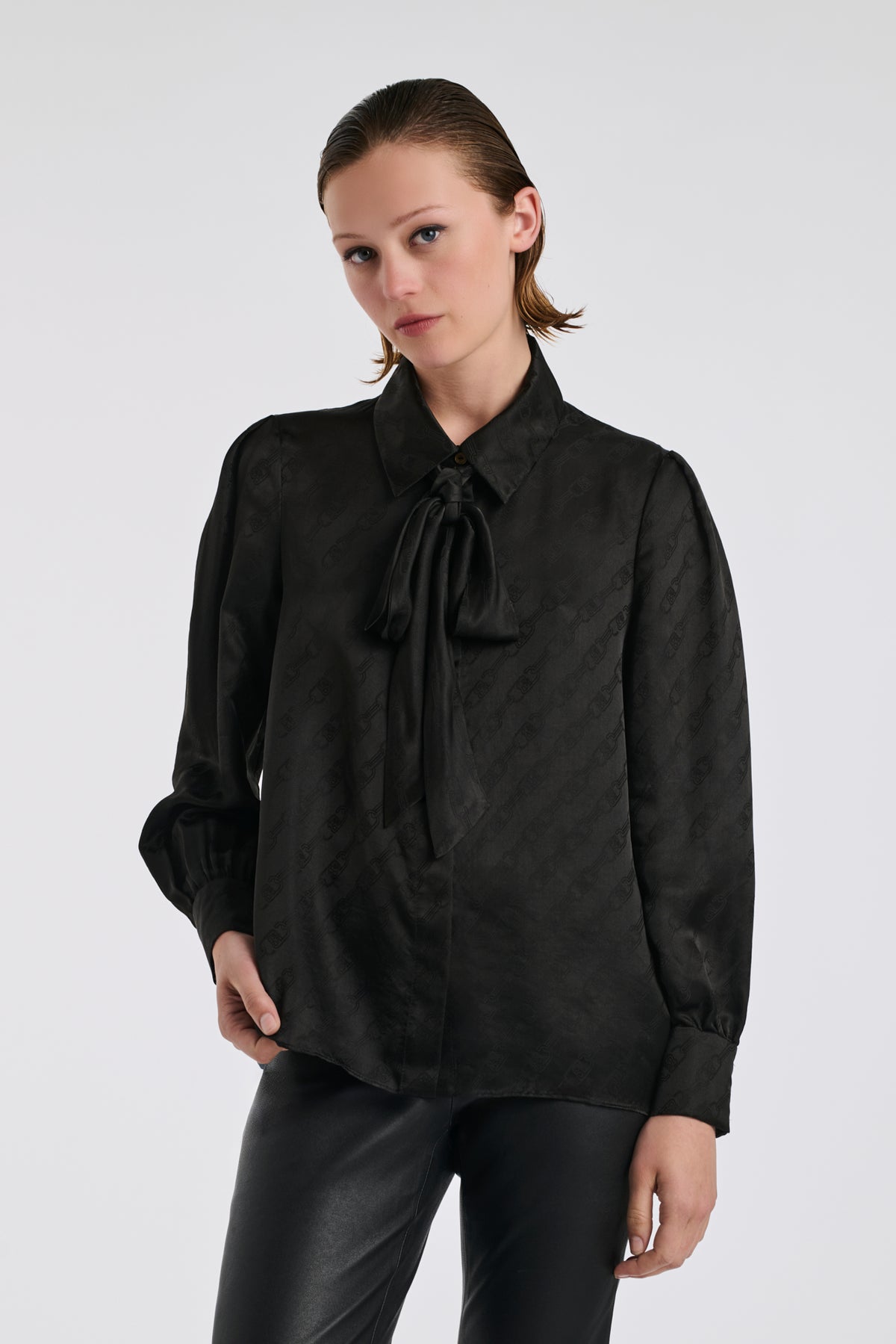 Silk jacquard pussy bow shirt