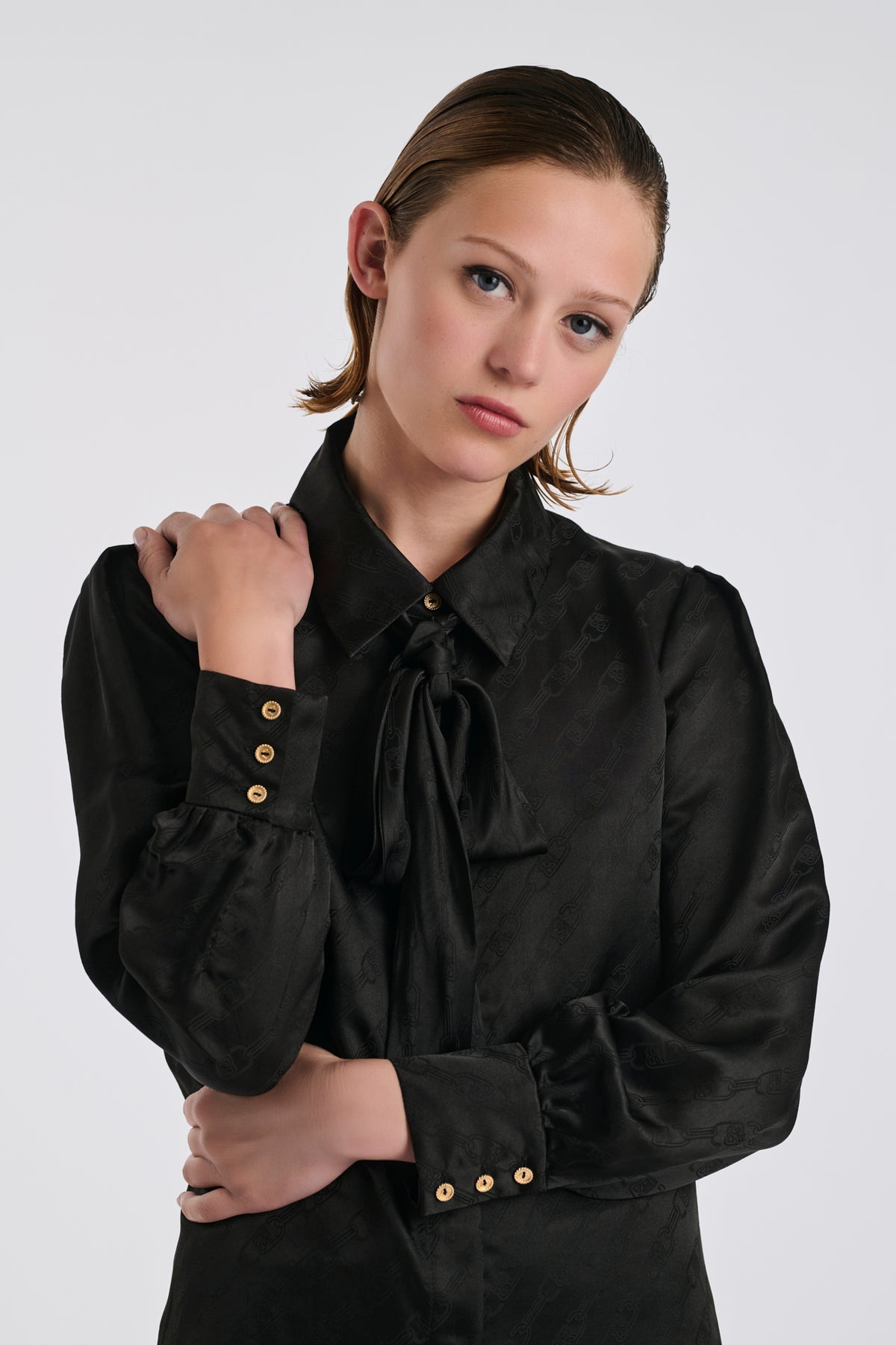 Silk jacquard pussy bow shirt