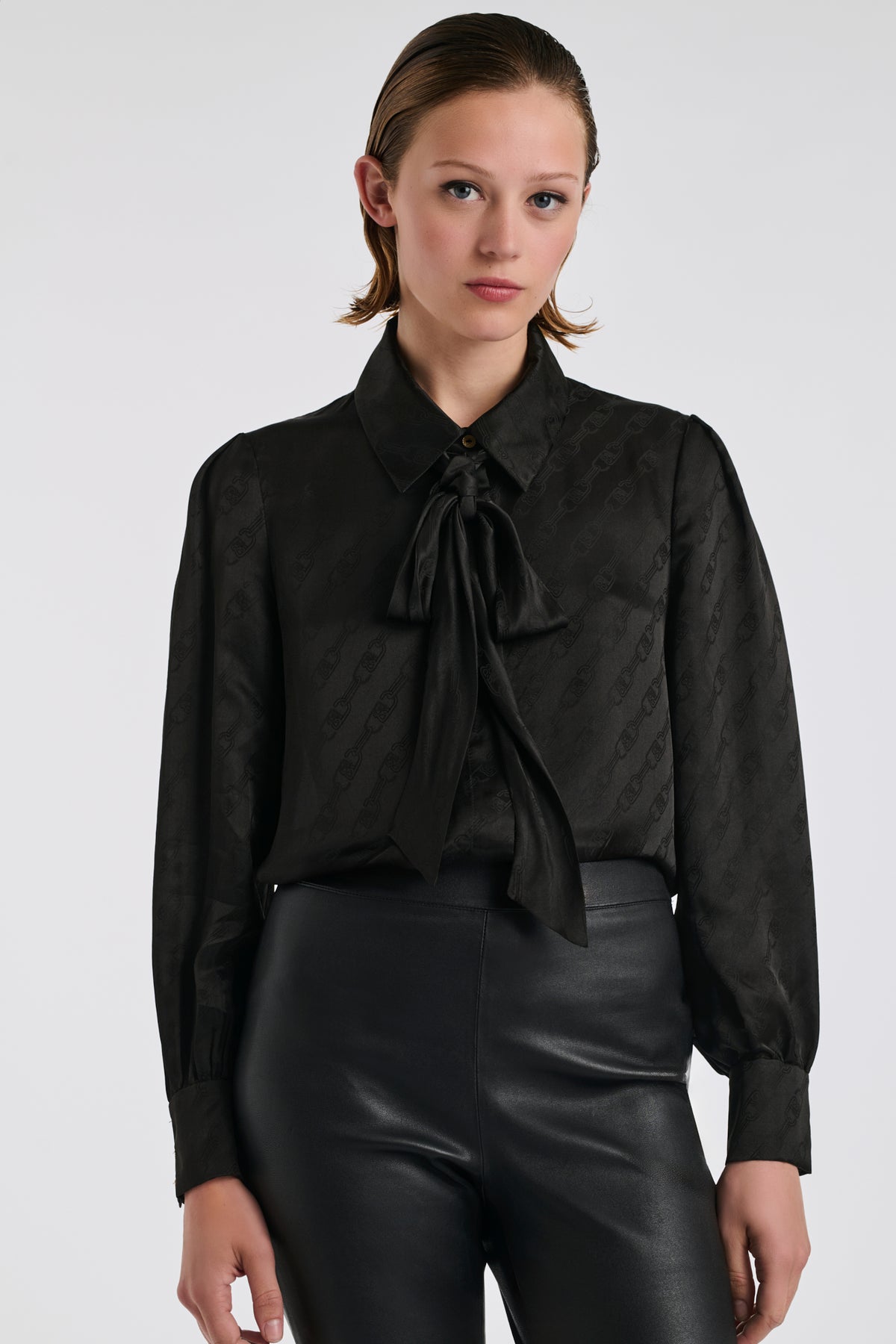 Silk jacquard pussy bow shirt