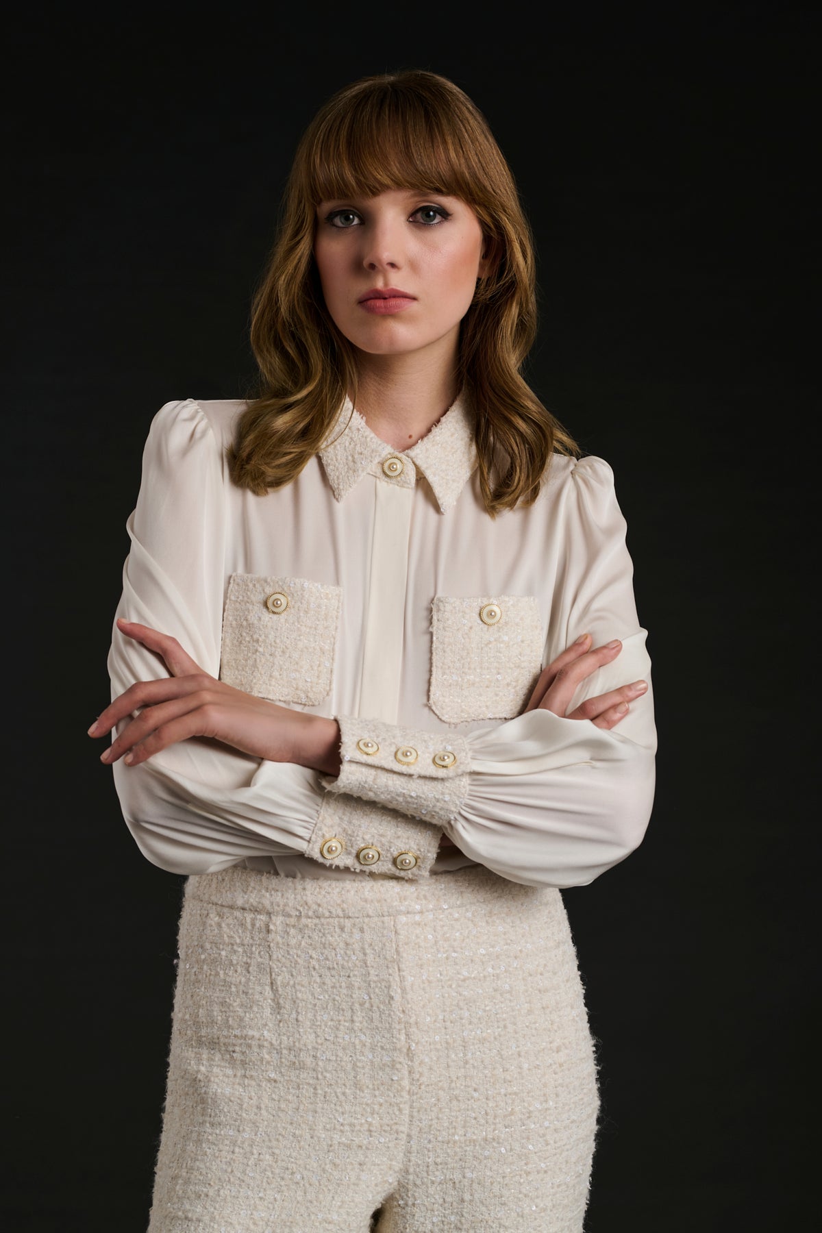 Bi-material silk and tweed shirt