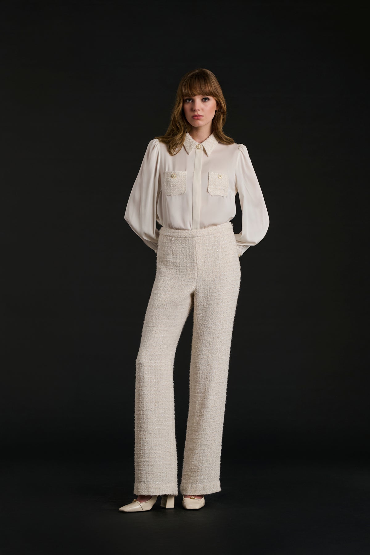 Bi-material silk and tweed shirt