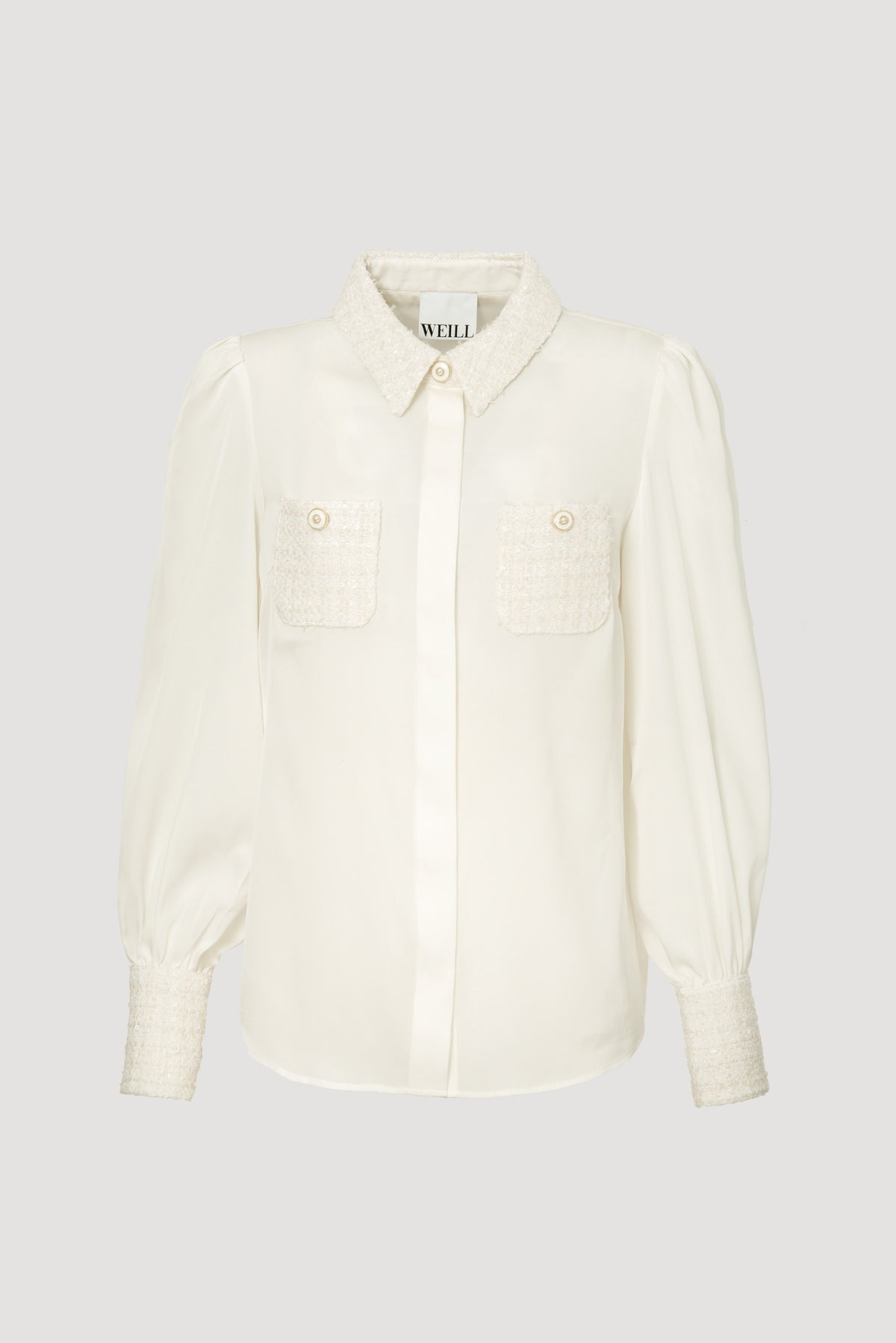 Bi-material silk and tweed shirt