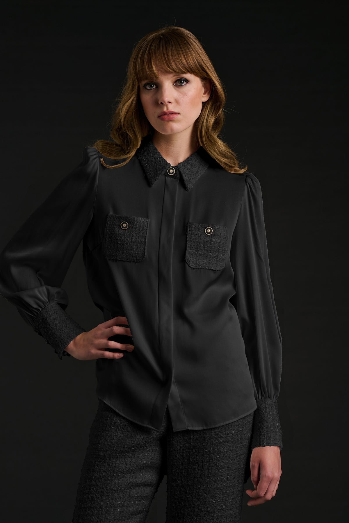 Chemise bimatière en soie et tweed