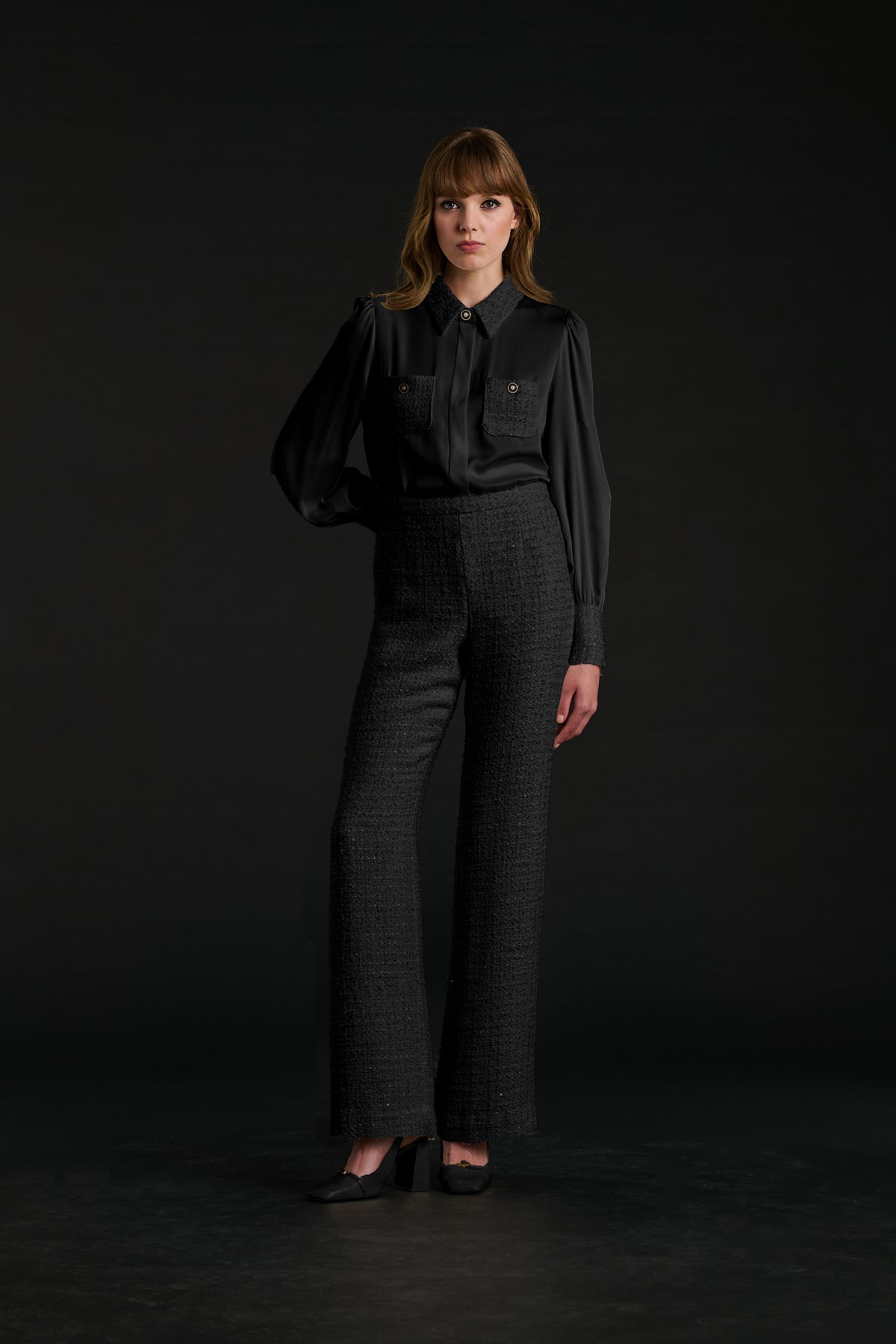 Chemise bimatière en soie et tweed