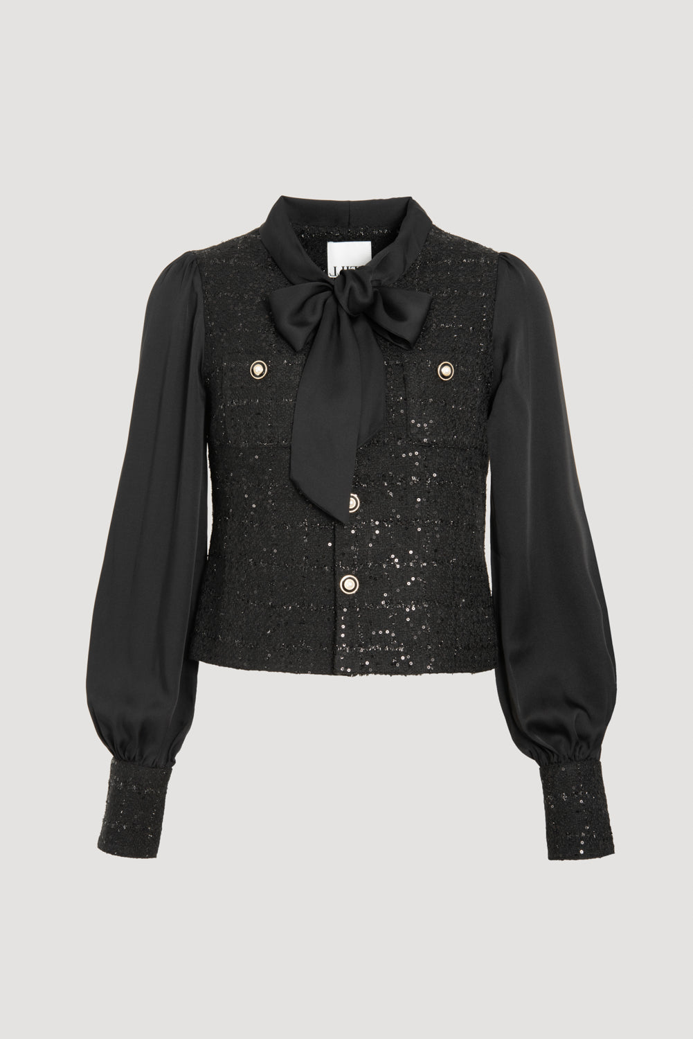 Bi-material pussy bow shirt in tweed and silk