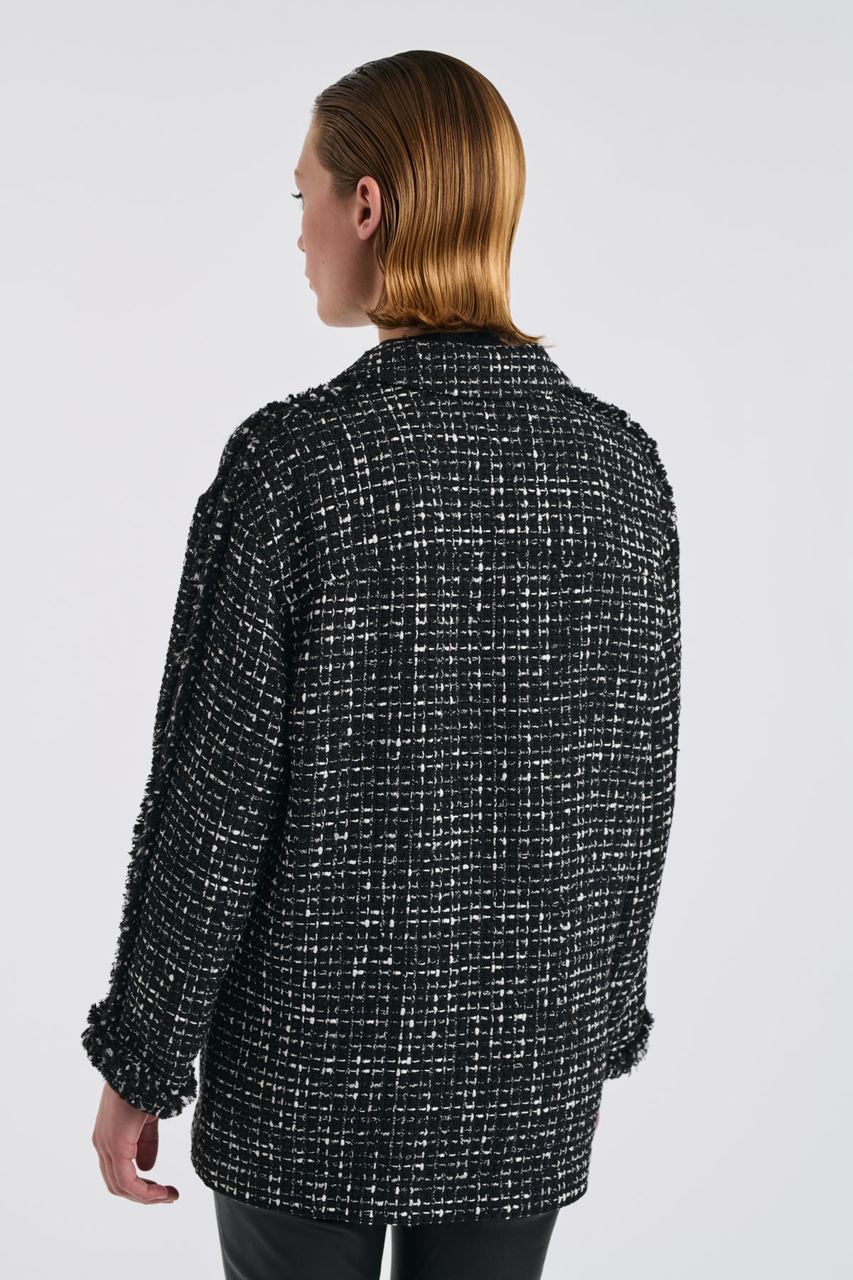Two-tone fringed tweed overshirt