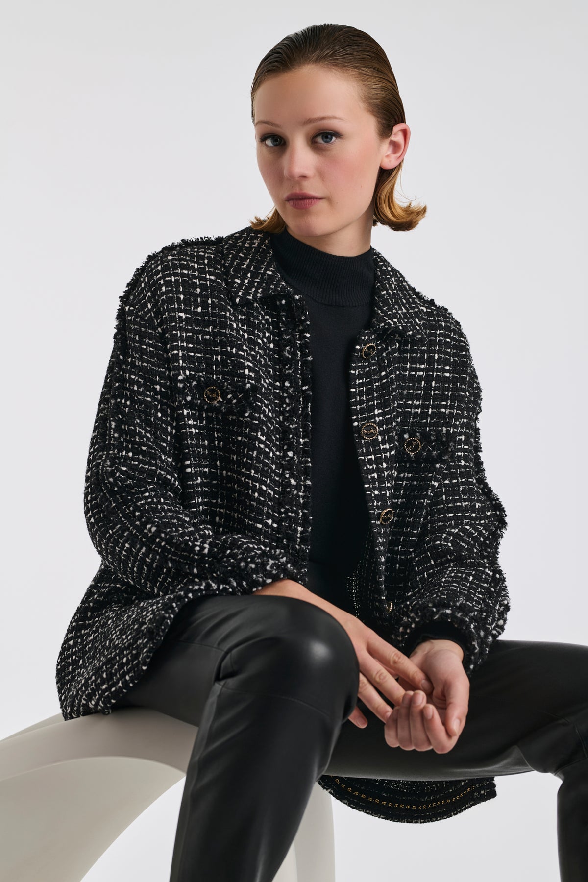 Two-tone fringed tweed overshirt