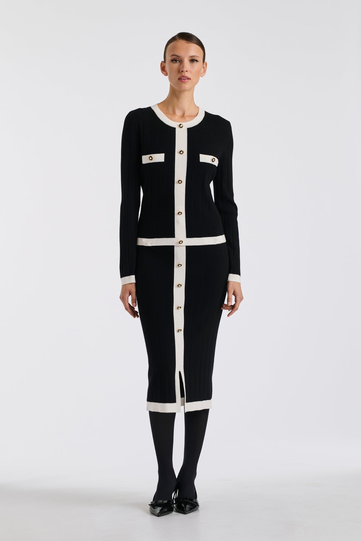 Two-tone jumper with jewelled buttons