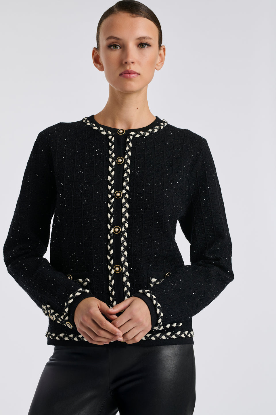 Cardigan effet tweed galoné