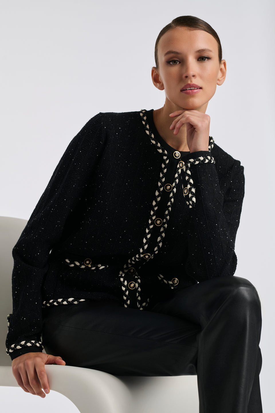 Cardigan effet tweed galoné
