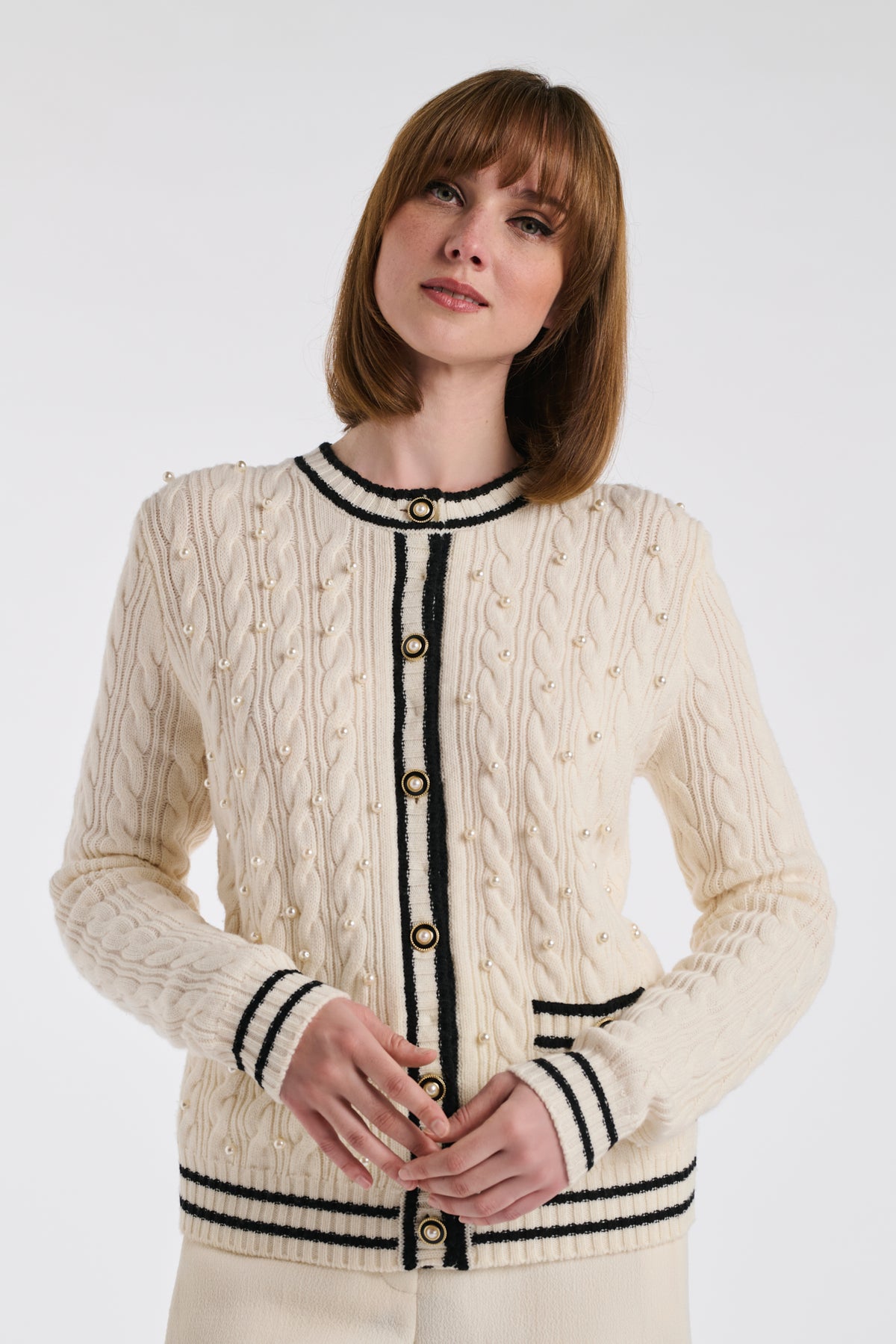 Cable knit cardigan with pearls
