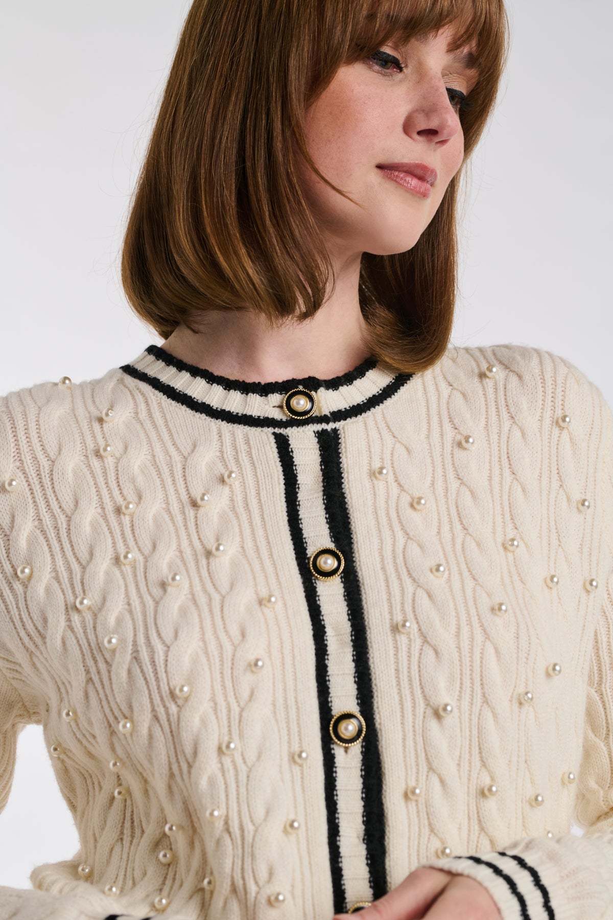Cable knit cardigan with pearls