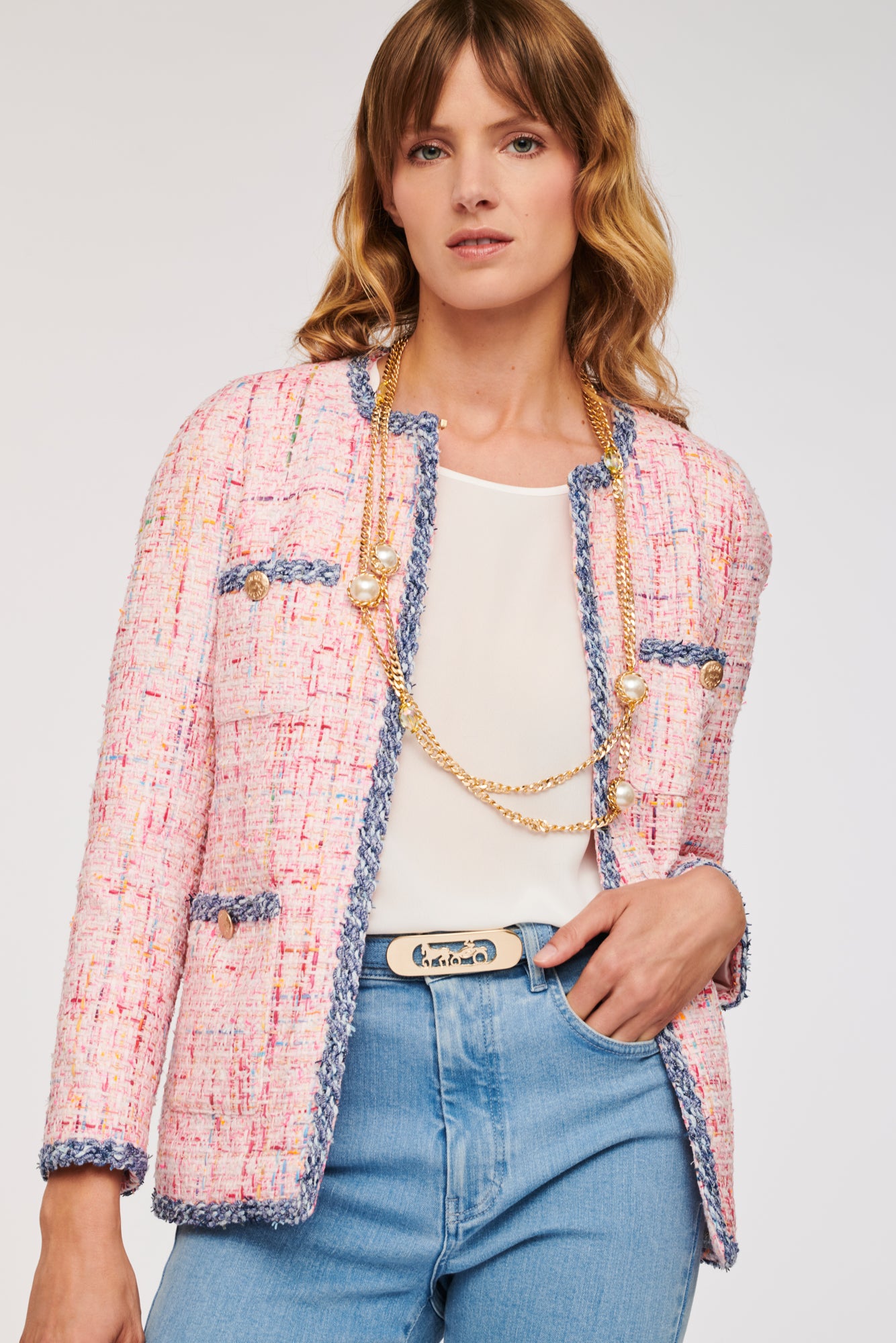 Tweed jacket with denim effect trim