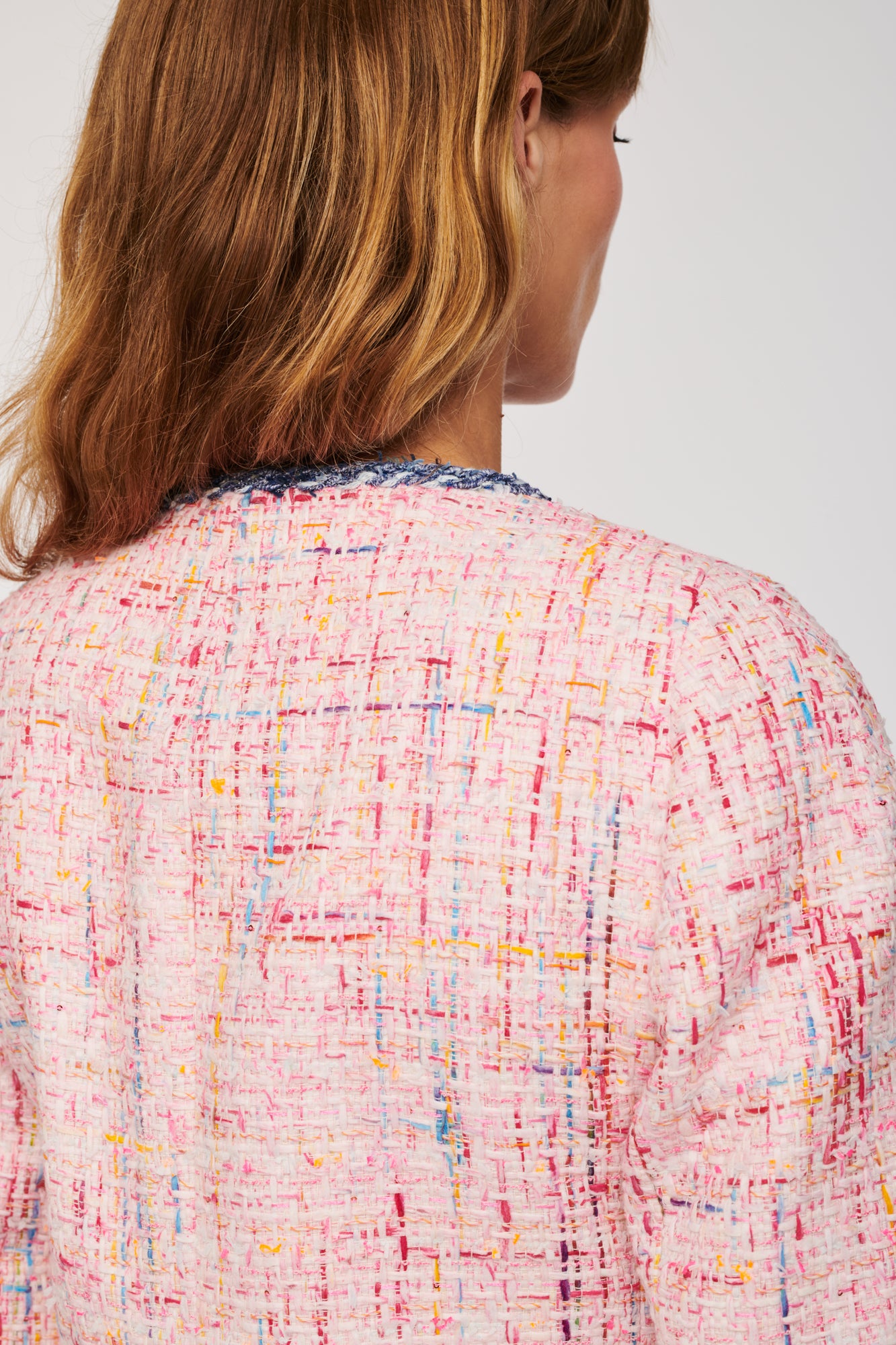 Tweed jacket with denim effect trim