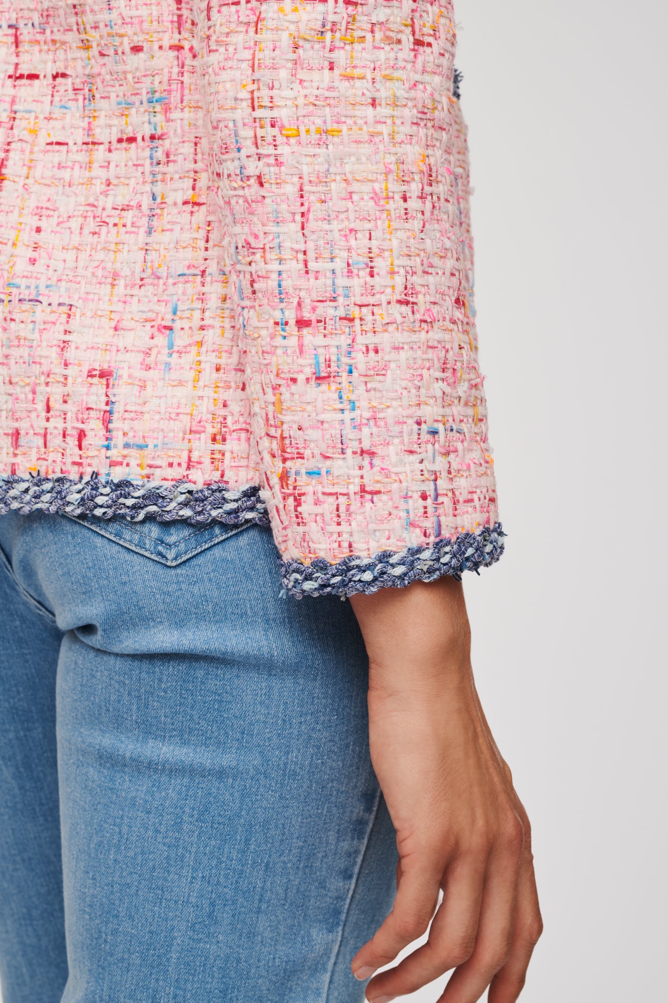 Tweed jacket with denim effect trim